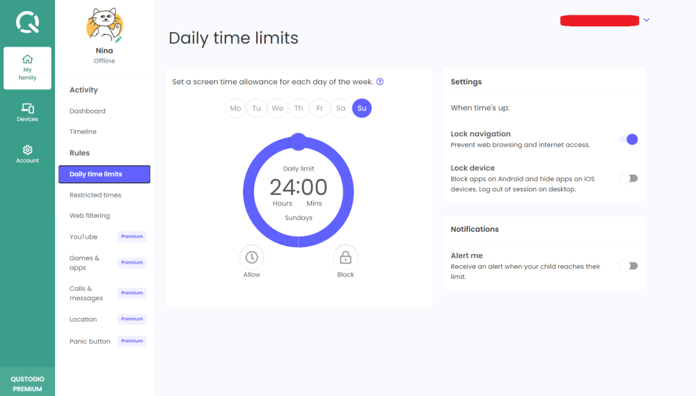 Setting daily time limits on Qustodio